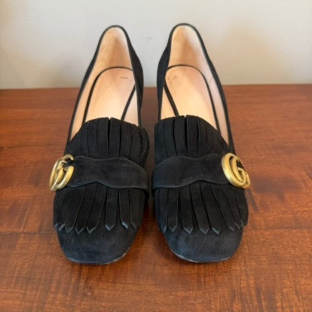Gucci GG Marmont Fringe Loafer Pumps Black Suede Block Heel EU 37 - Picture 3 of 10